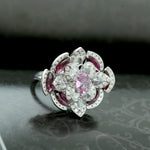 Marquise Ruby Oval Pink Sapphire Pave Rose Cut Diamond Cocktail Ring in 18k White Gold