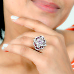 Marquise Ruby Oval Pink Sapphire Pave Rose Cut Diamond Cocktail Ring in 18k White Gold