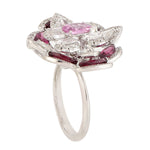 Marquise Ruby Oval Pink Sapphire Pave Rose Cut Diamond Cocktail Ring in 18k White Gold