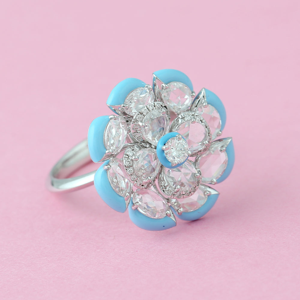 Natural Rose Cut Diamond Enamel Designer Daisy Ring In 18k White Gold Gift