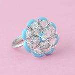 Natural Rose Cut Diamond Enamel Designer Daisy Ring In 18k White Gold Gift