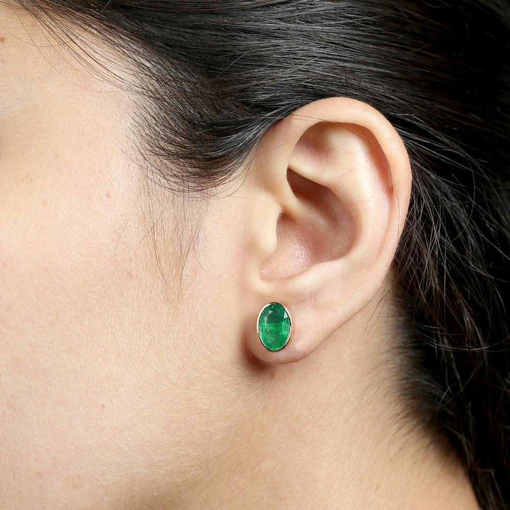 Oval Cut Emerald May Birthstone In 18k Yellow Gold Stud Earrings For Her