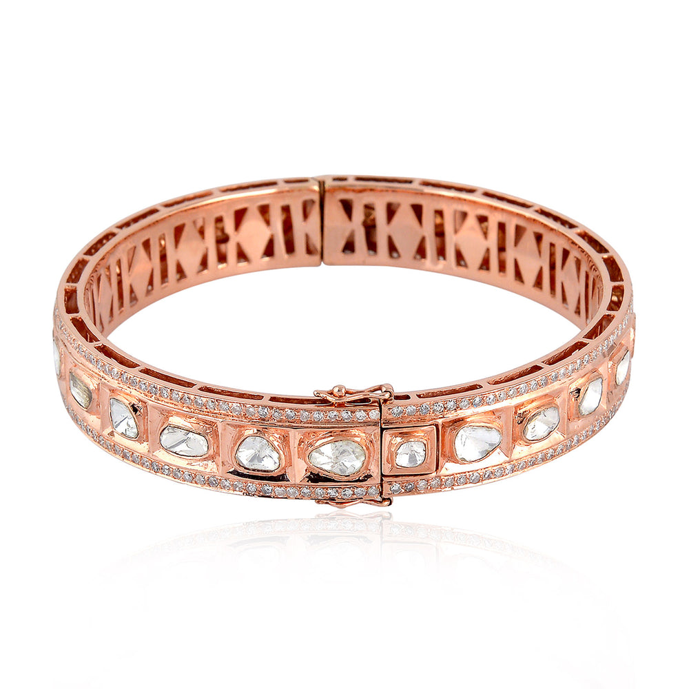 18K Rose Gold Genuine Uncut Diamond Designer Bangle Handmade Jewelry For Women's