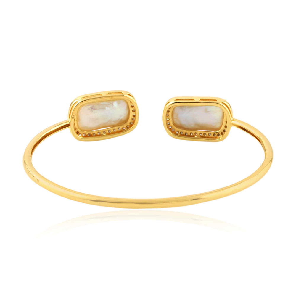 Cushion Cut Pearl Chiness Prong Natural Diamond Designer Cuff Bracelet 18K Gold For Women's