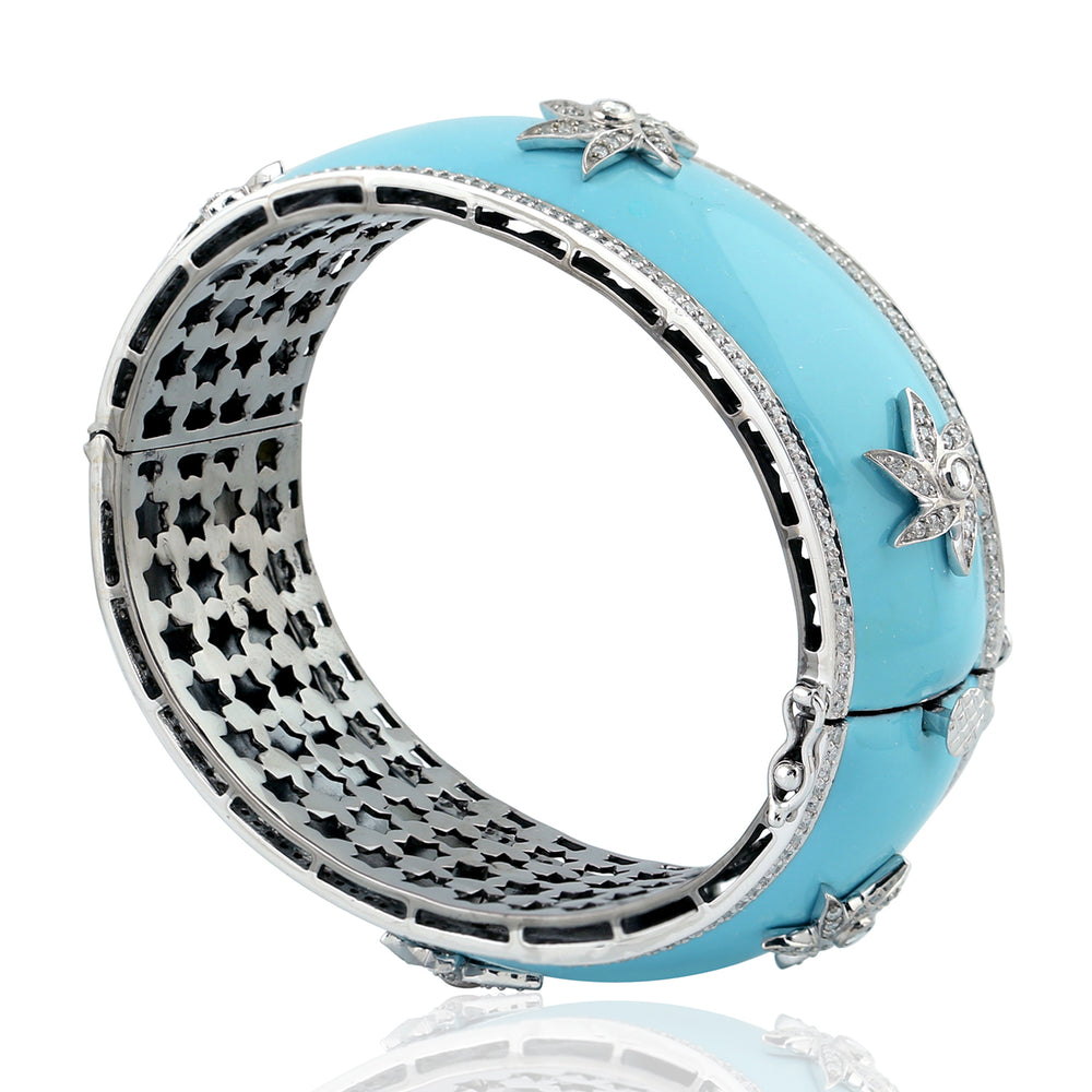 10K White Gold 925 Silver Natural Diamond Pave Enamel Designer Bangle Jewelry For Women's