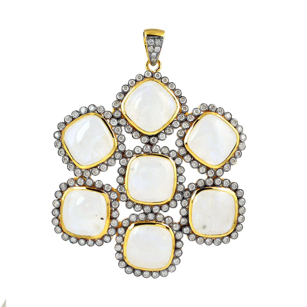 Cushion Cut Moonstone Bezel Set Diamond Designer Pendant In 14K Yellow Gold