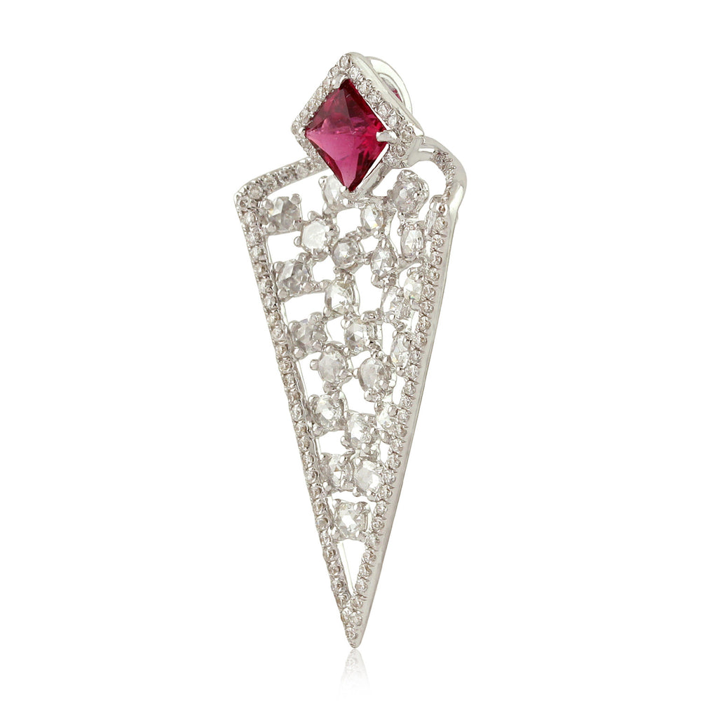 Square Pink Tourmaline Prong Set Uncut Diamond Designer Pendant In White Gold