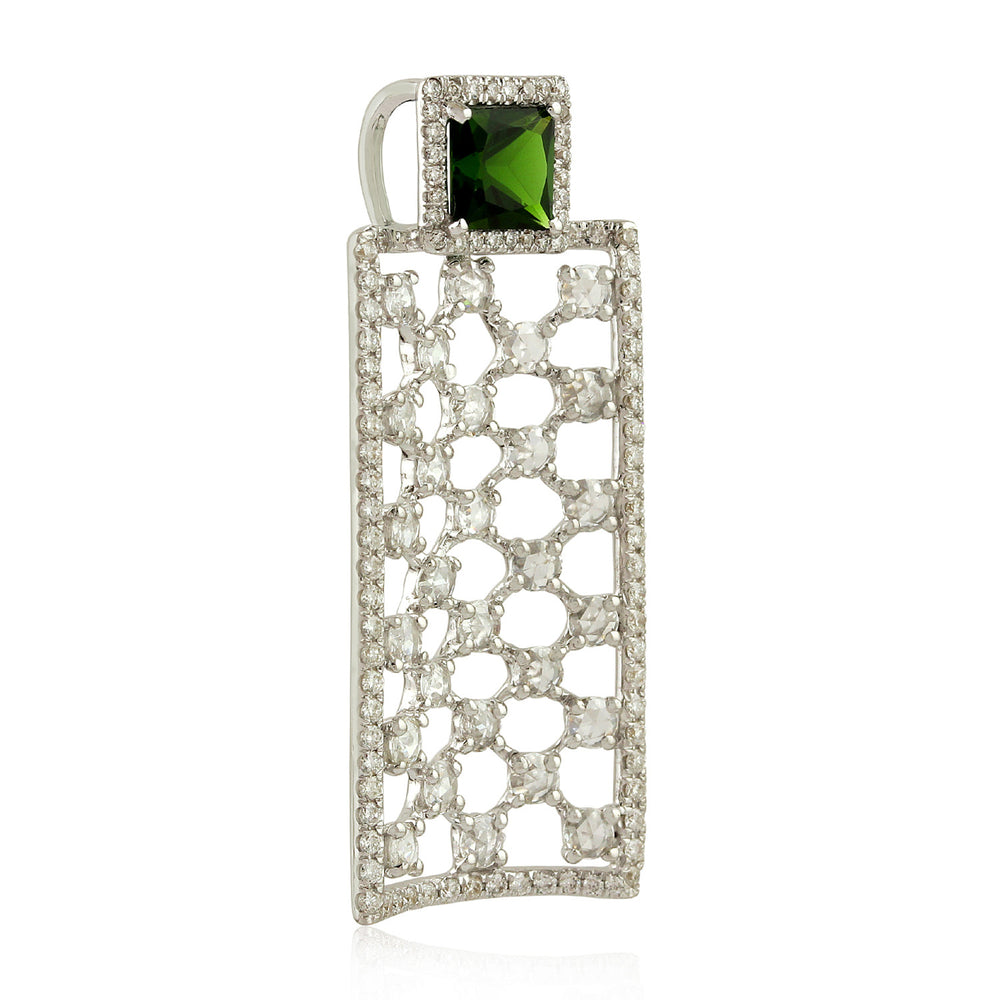 18K White Gold Prong Set Chrome Diopside & Uncut Diamond Geometric Pendant