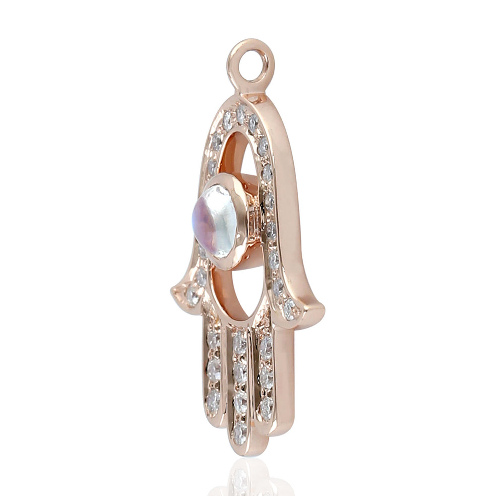 18K Rose Gold Bezel Set Moonstone Pave Diamond Hand Hamsa Charm Pendant
