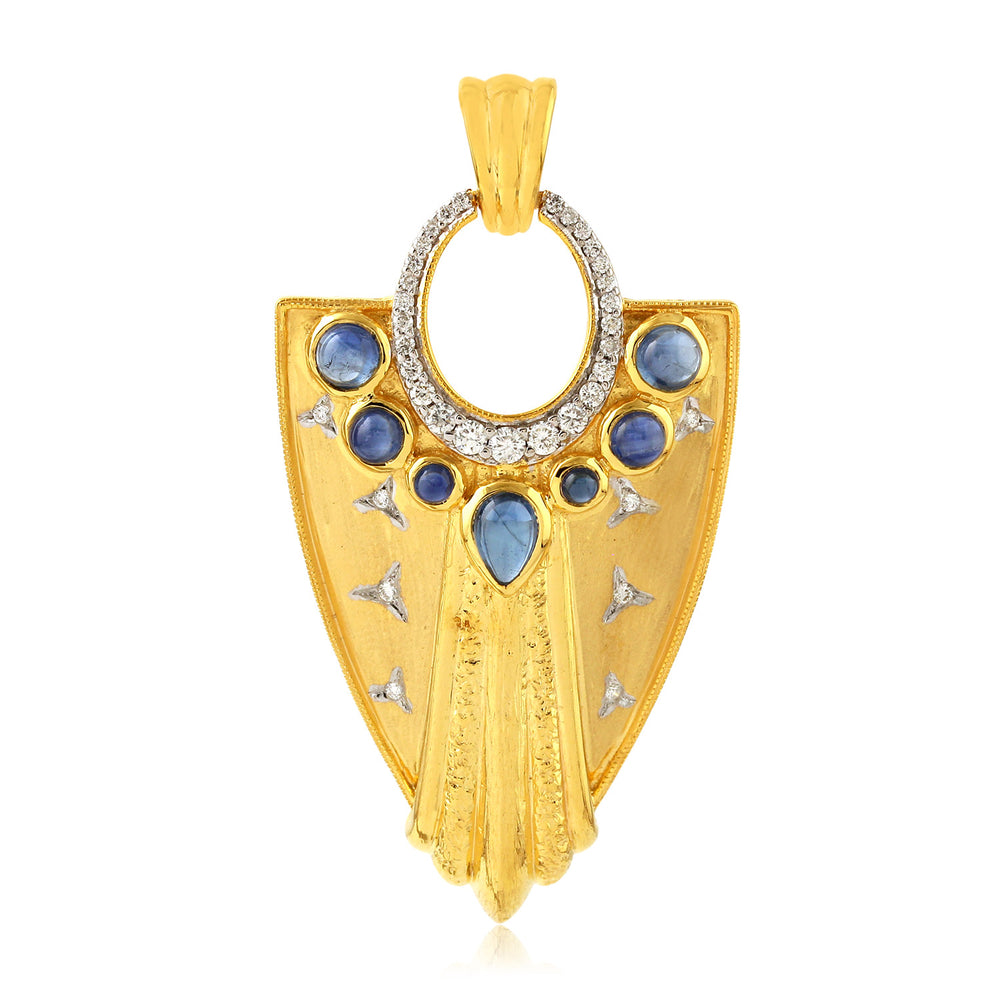 Natural Bezel Set Blue Sapphire Pave Diamond Worrier Pendant Made In 18K Solid Gold Jewelry For Her