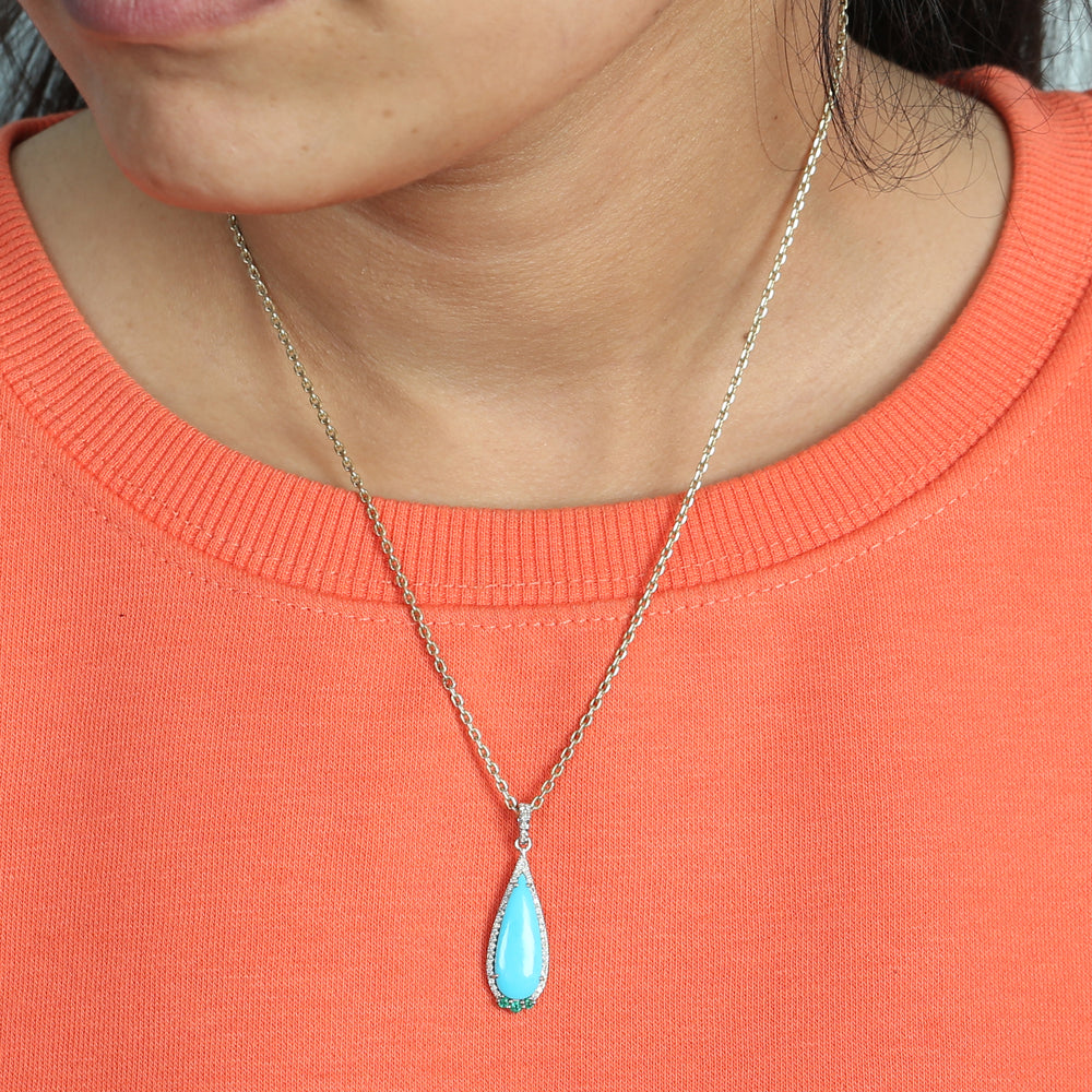 Teardrop Turquoise Gemstone Emerald Pave Diamond In White Gold Pendant