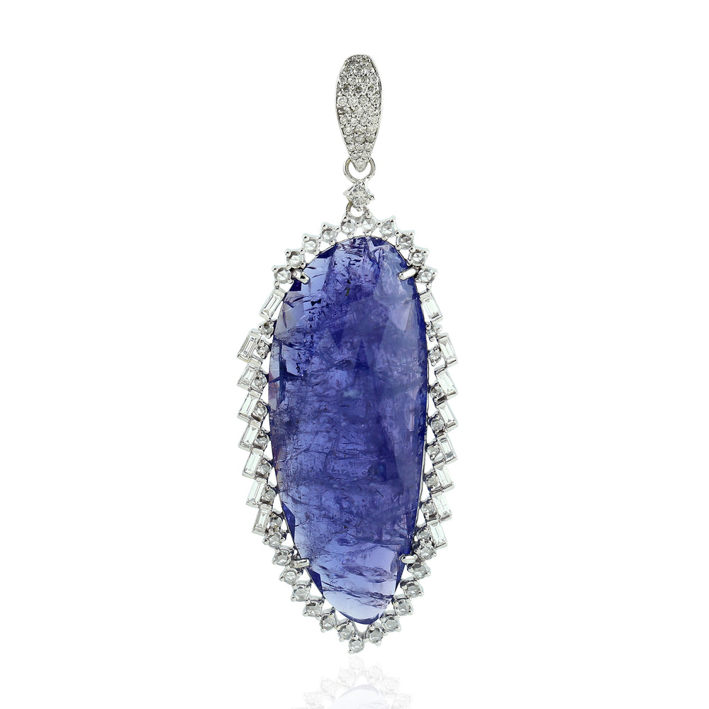 Natural Unshaped Tanzanite Baguette Rose Diamond Designer Pendants Made In 18K White Gold