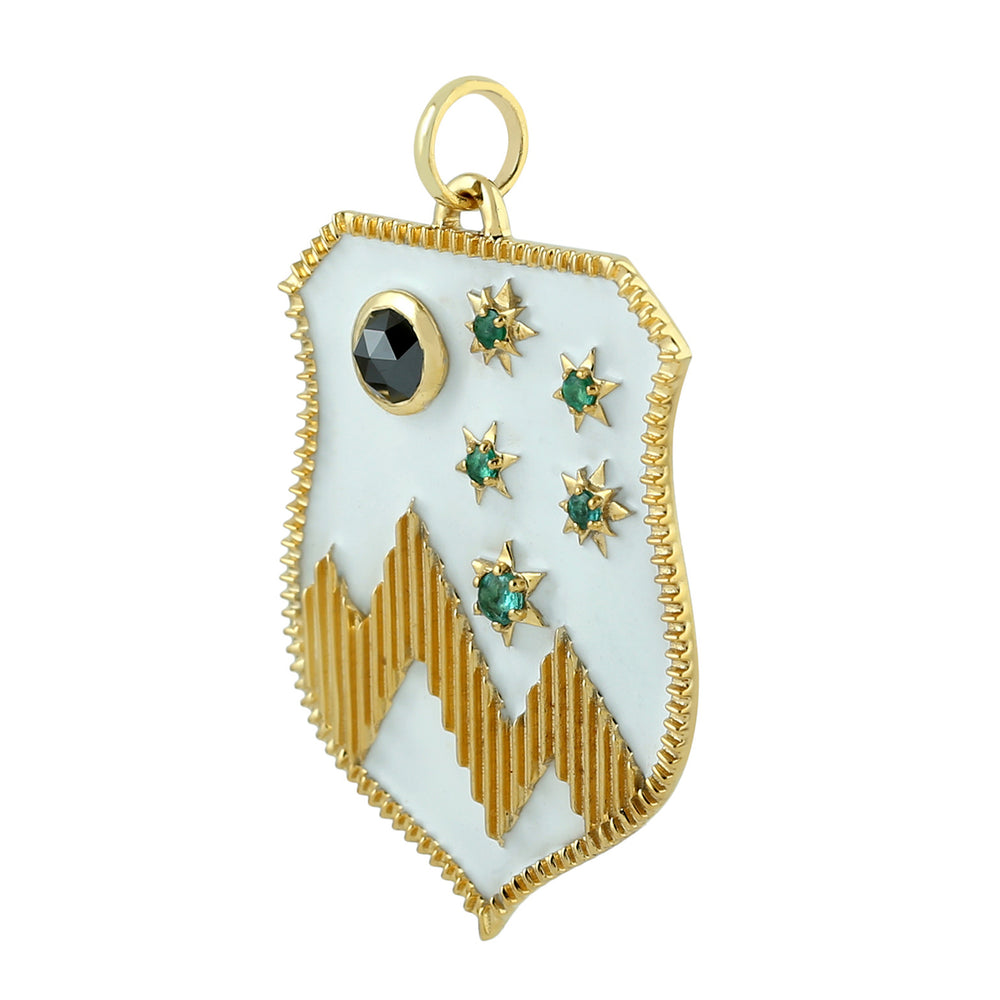 14K Yellow Gold Round Emerald Bezel Set Diamond Enamel Star & Shield Shape Pendant