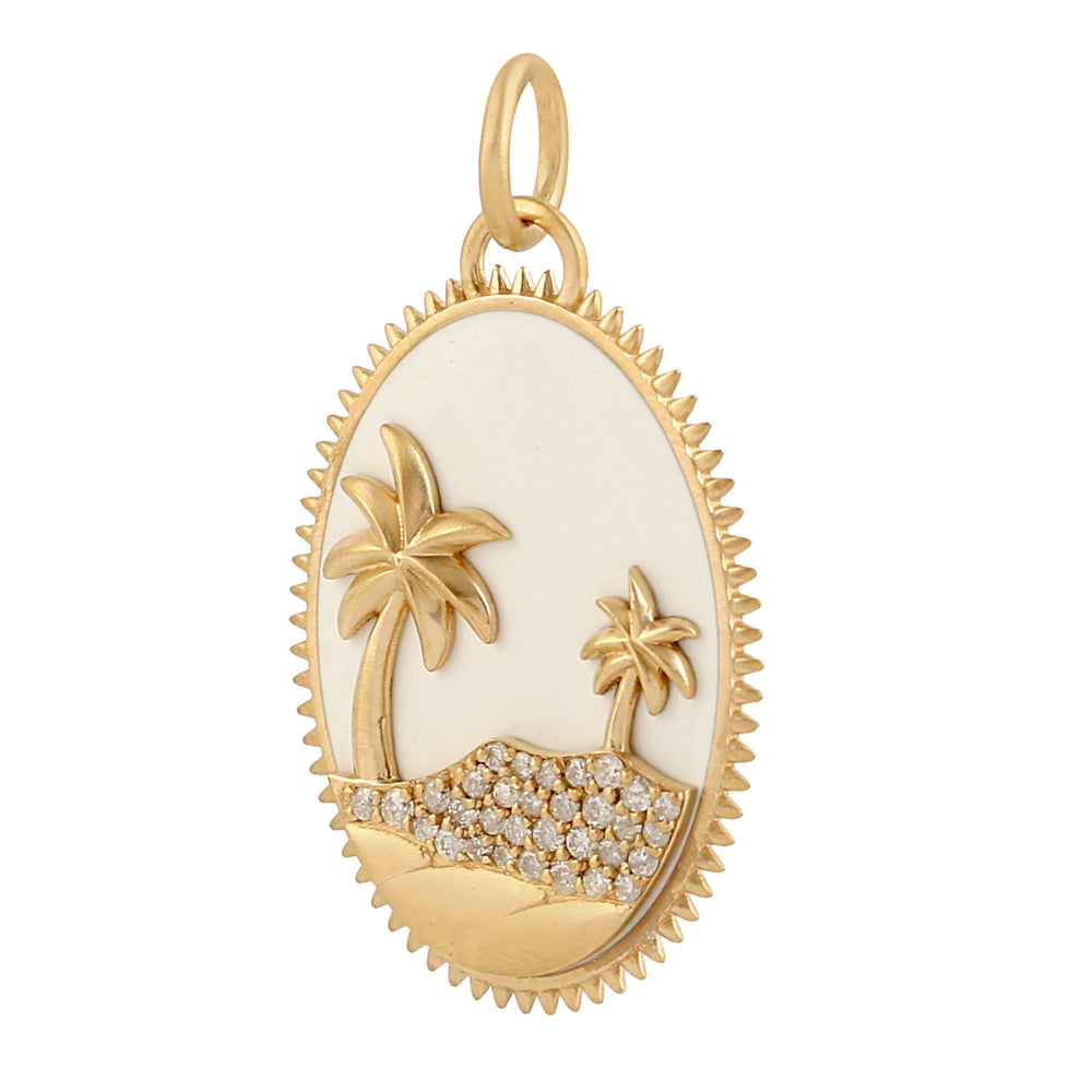 Pave Natural Diamond Palm Tree Beach Design Enamel Pendant In Gold