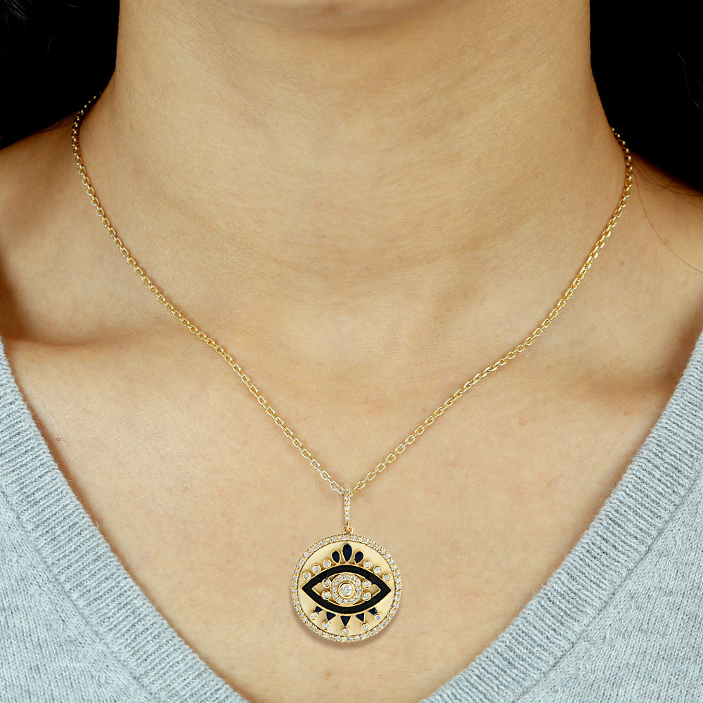 14k Yellow Gold Bezel Set Diamond Eye Lashes Enamel Pendant