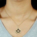 14k Yellow Gold Bezel Set Diamond Eye Lashes Enamel Pendant