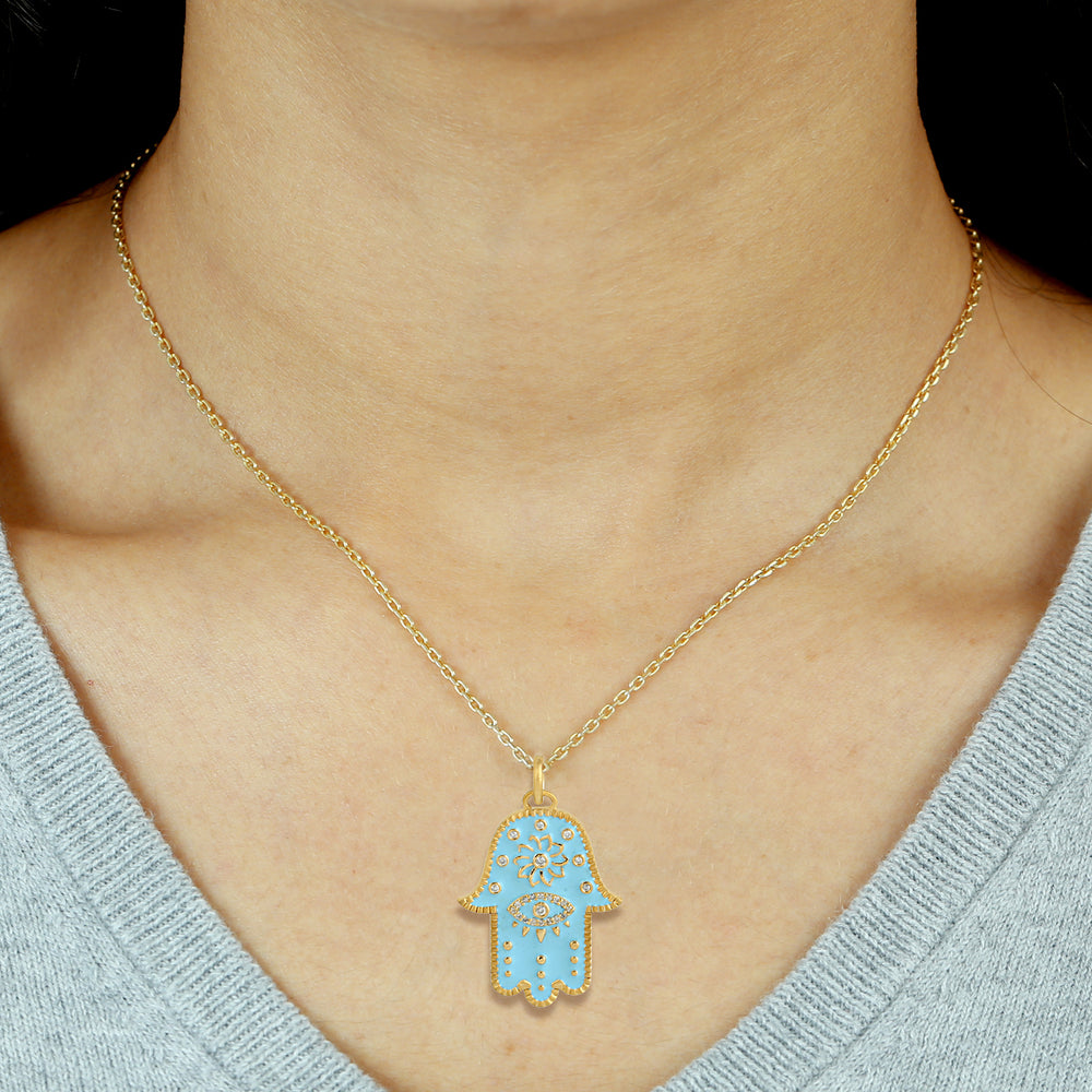 Bezel Set Diamond Hamsa Hand & Evil Eye Enamel Pendant In 14k Yellow Gold For Gift