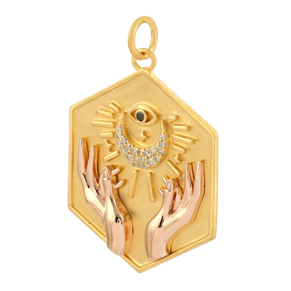 Pave Diamond Hexagon Half Moon & Evil Eye Two Hand Pendant In 14k Yellow Rose Gold