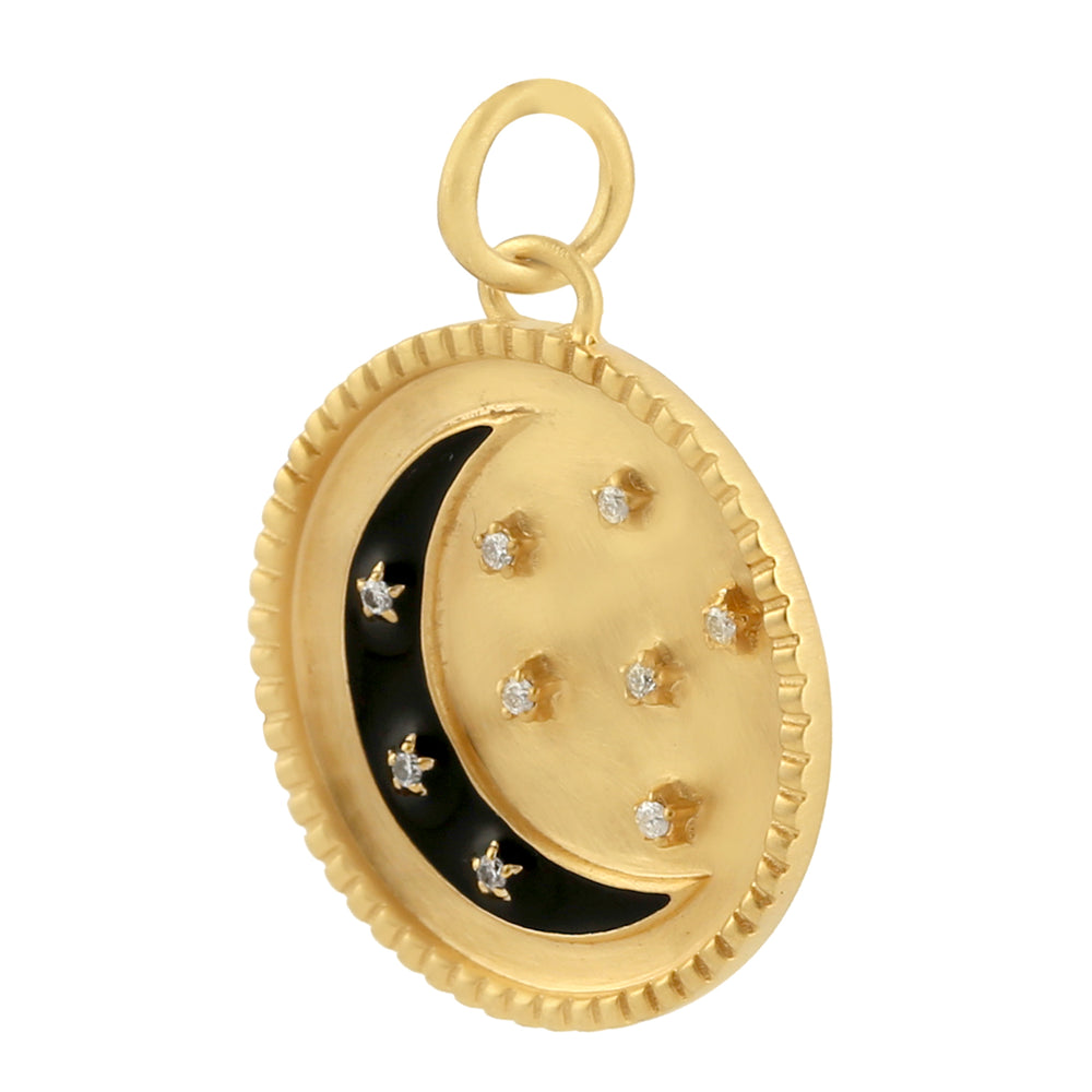 14K Yellow Gold Prong Set Diamond Crescent Star Enamel Charm Pendant