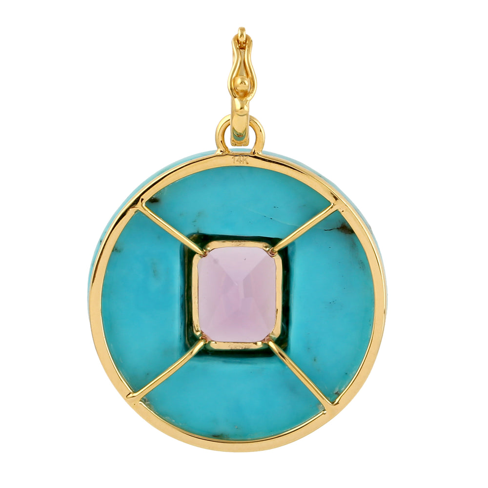 Bezel Set Amethyst & Turquoise Gemstone Charm Pendant In 14k Yellow Gold