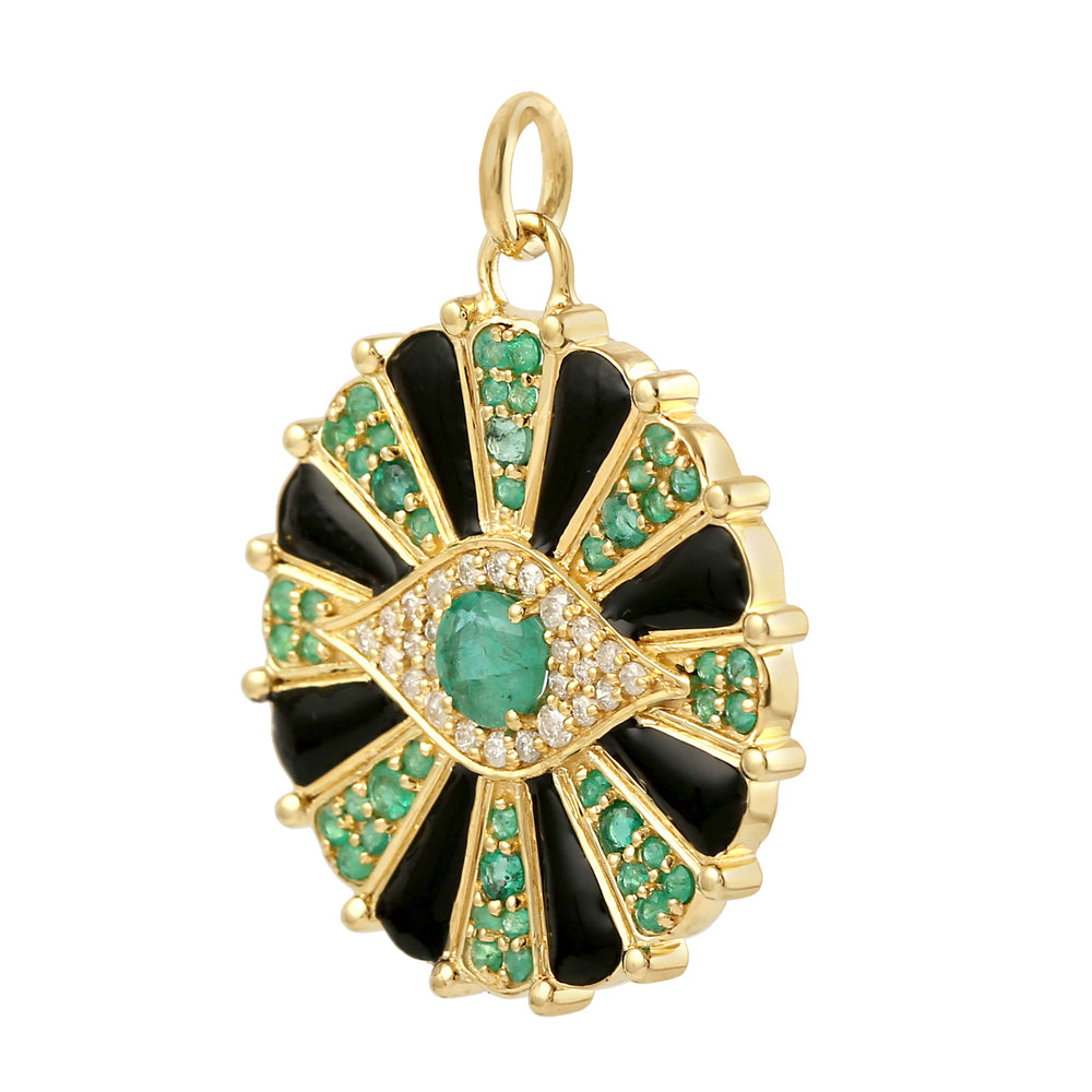 Emerald Gemstone Pave Diamond Evil Eye Enamel Pendant In 14K Yellow Gold