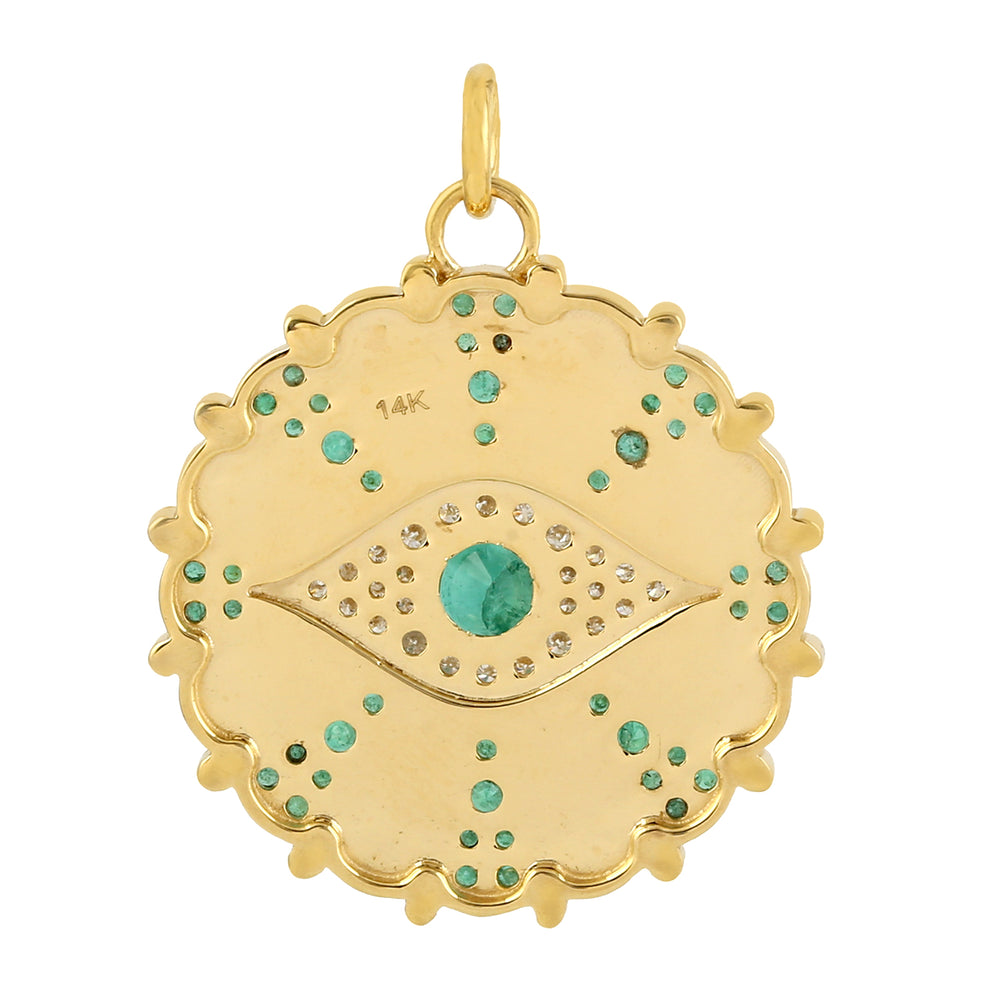 Emerald Gemstone Pave Diamond Evil Eye Enamel Pendant In 14K Yellow Gold