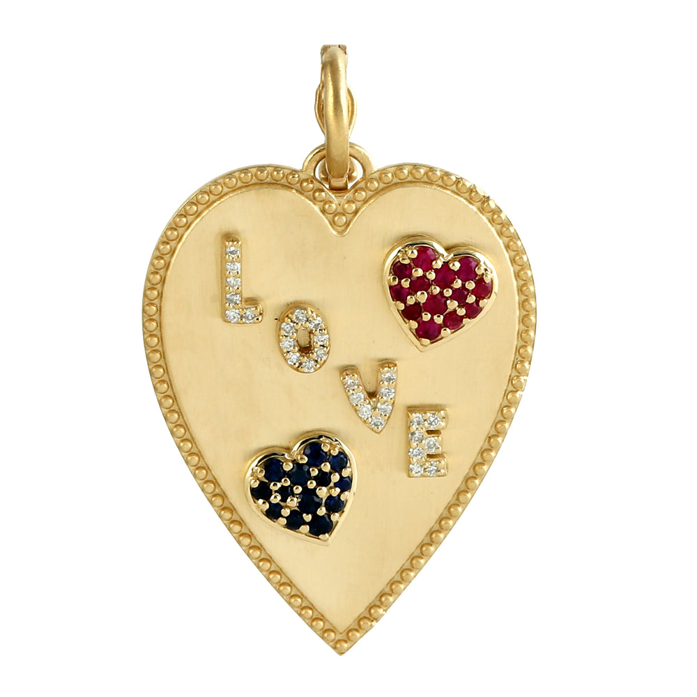 Ruby & Blue Sapphire Pave Diamond "Love" Alphabet Heart Pendant In Yellow Gold