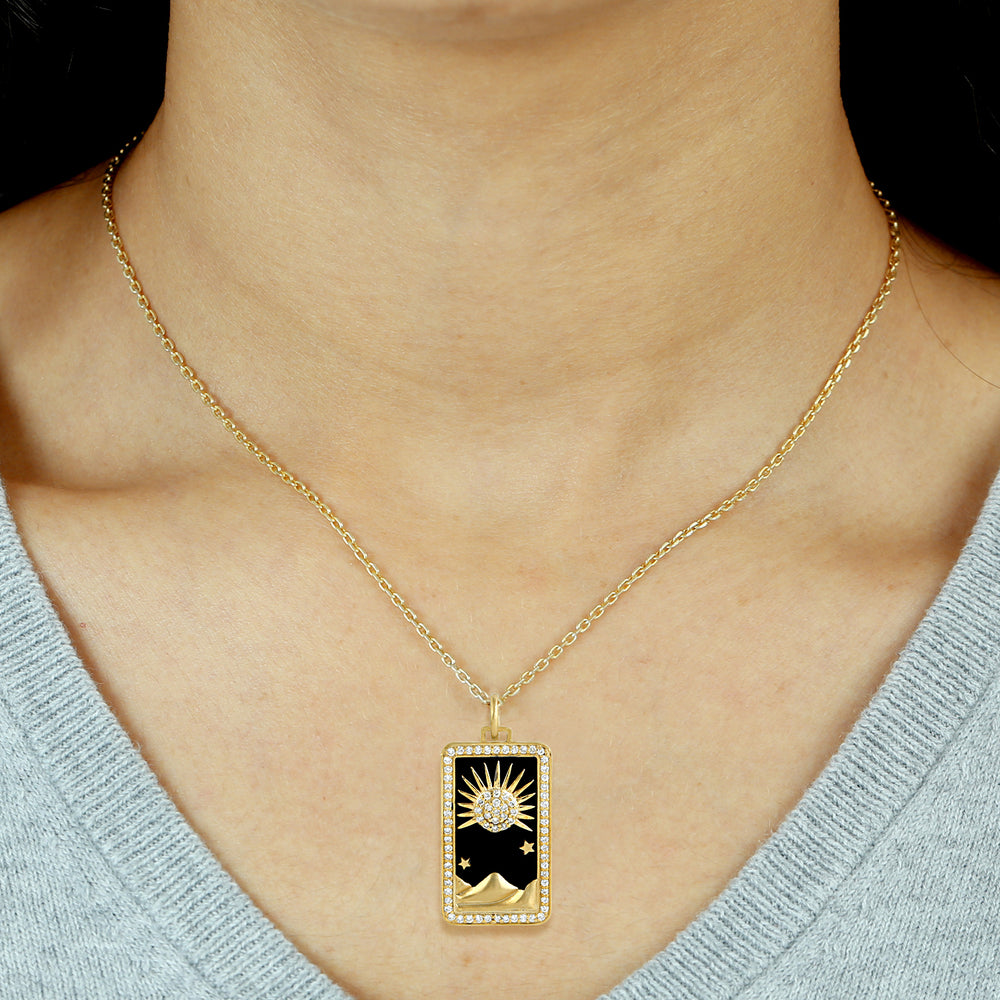 Beautiful Sun & Desert Design Pave Diamond Tarot Card Enamel Pendant In 14k Yellow Gold