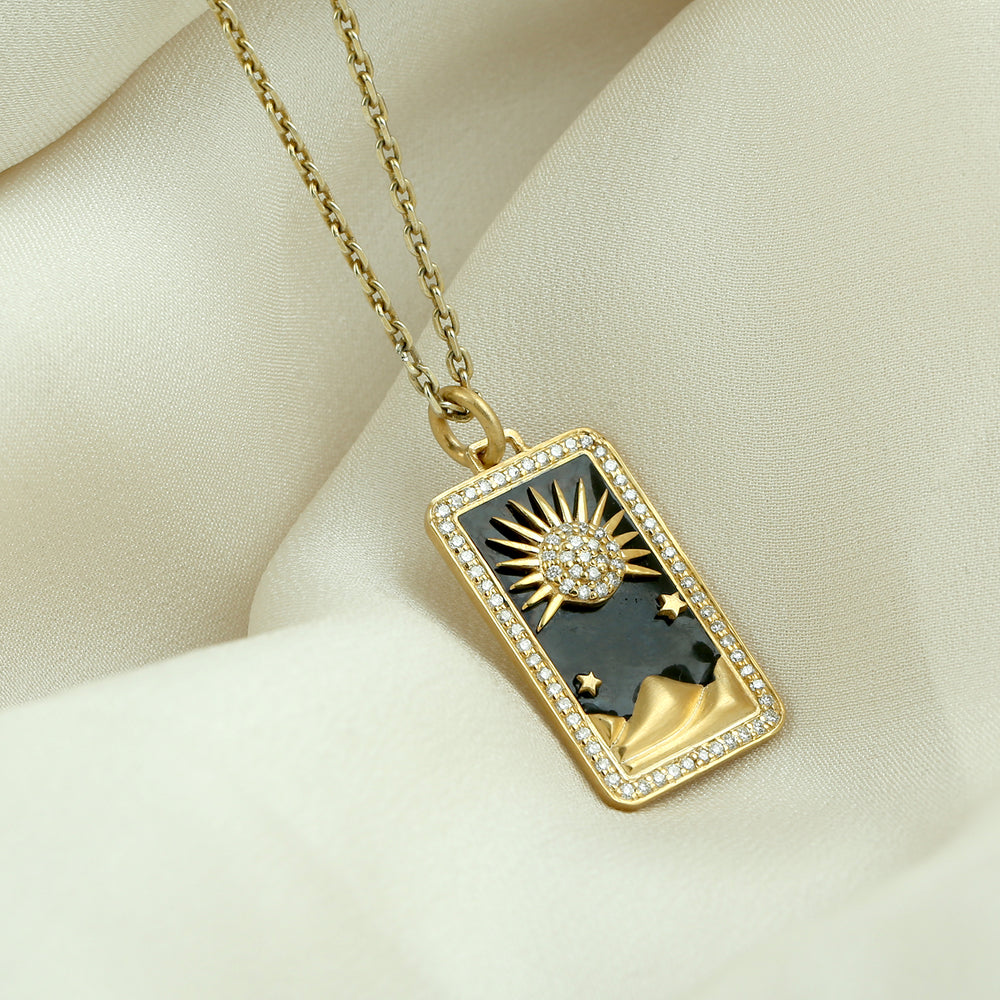 Beautiful Sun & Desert Design Pave Diamond Tarot Card Enamel Pendant In 14k Yellow Gold