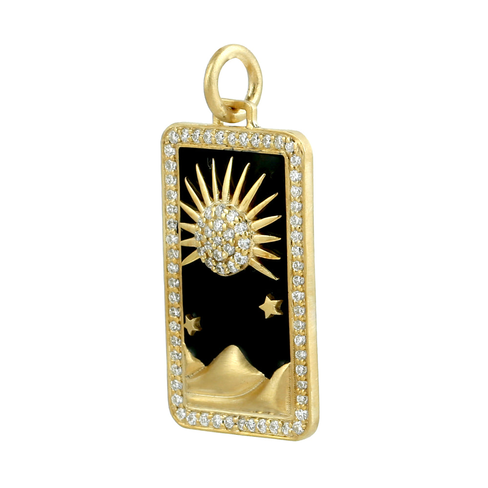 Beautiful Sun & Desert Design Pave Diamond Tarot Card Enamel Pendant In 14k Yellow Gold