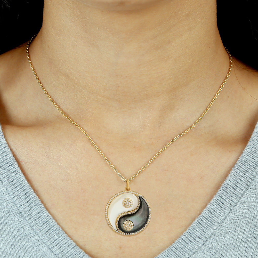 Carved MOP Pave Diamond Yin Yang Pendant For Unisex In 14k Yellow Gold