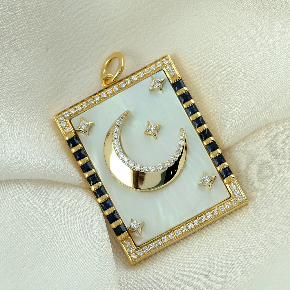 Square MOP Baguette Blue Sapphire Pave Diamond Crescent Moon Star Pendant In Gold