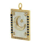 Square MOP Baguette Blue Sapphire Pave Diamond Crescent Moon Star Pendant In Gold