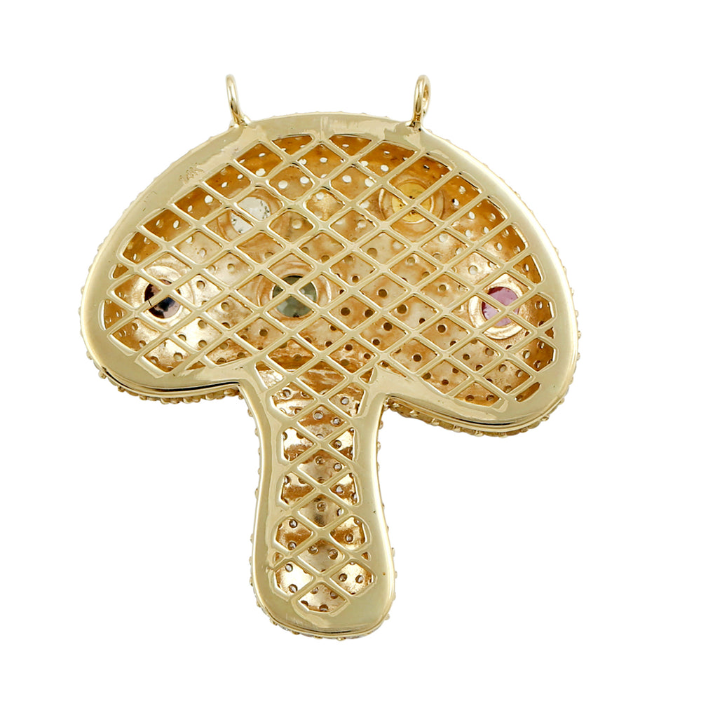 14k Yellow Gold Bezel Set Multi Sapphire Pave Diamond Mushroom Pendant For Gift