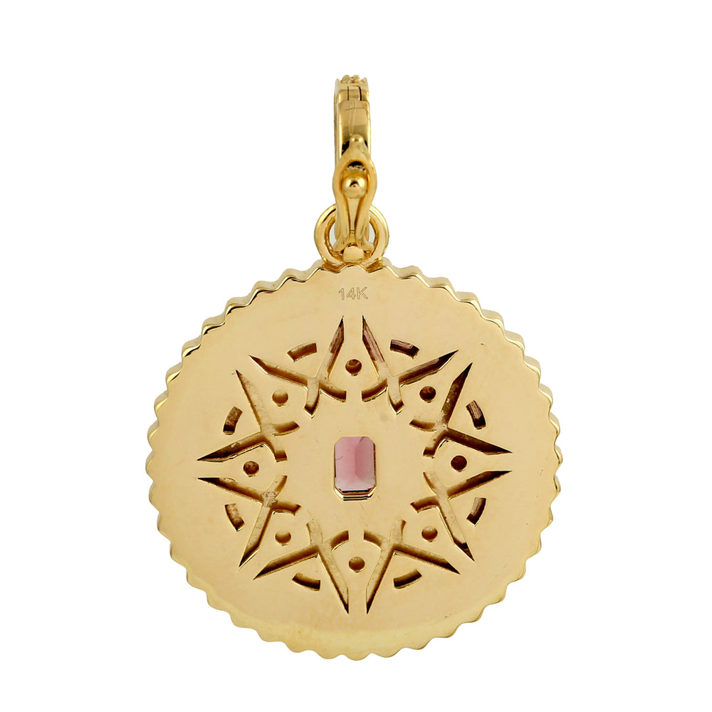 Baguette Pink Tourmaline Pave Diamond In 14k Yellow Gold Mandala Enamel Pendant