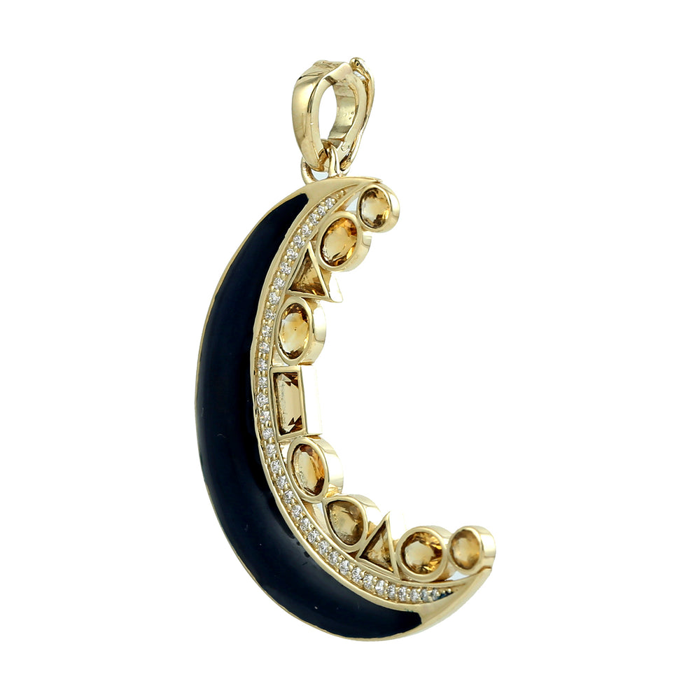 Multi Shape Citrine Bezel Set Diamond Enamel Crescent Half Moon Enamel Charm Pendant 14K Solid Gold