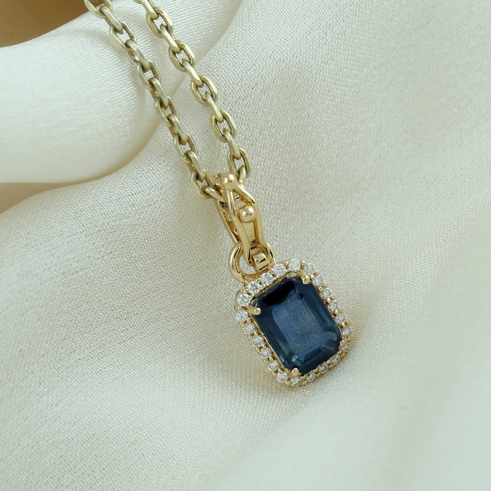 Octagon Blue Sapphire Pave Diamond Charm Pendant 18K Yellow Gold jewelry Gifts