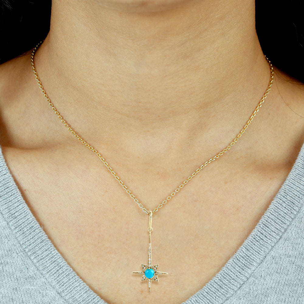 Natural Round Turquoise Pave Diamond 18K Yellow Gold North Star Pendant