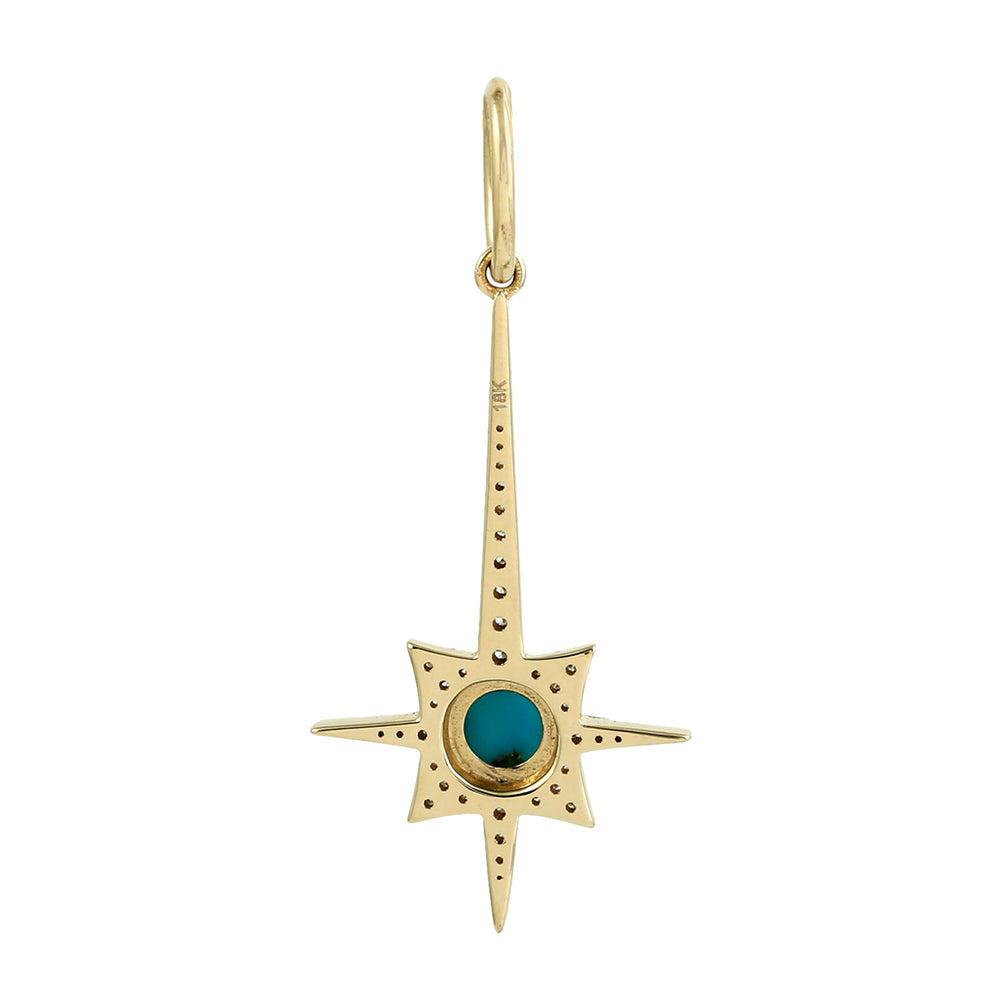 Natural Round Turquoise Pave Diamond 18K Yellow Gold North Star Pendant