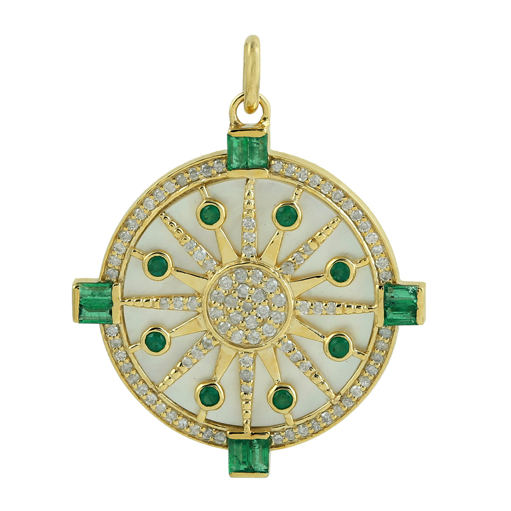 MOP Natural Emerald Diamond Wheel Of Fortune Design 14k Pendant For Her