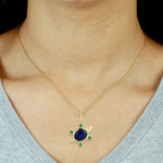 Bezel Set Oval Lapis Emerald Gemstone 14K Yellow Gold turtle Charm Pendant Jewelry