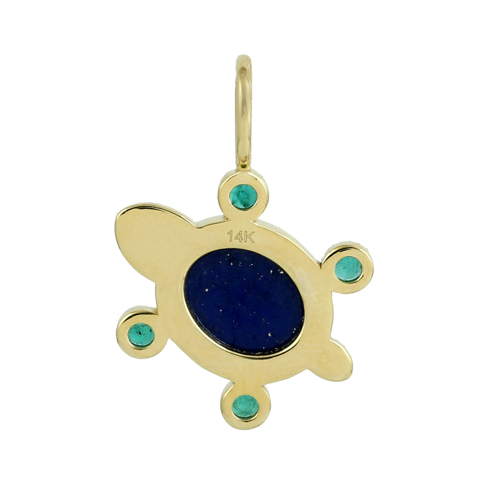 Bezel Set Oval Lapis Emerald Gemstone 14K Yellow Gold turtle Charm Pendant Jewelry