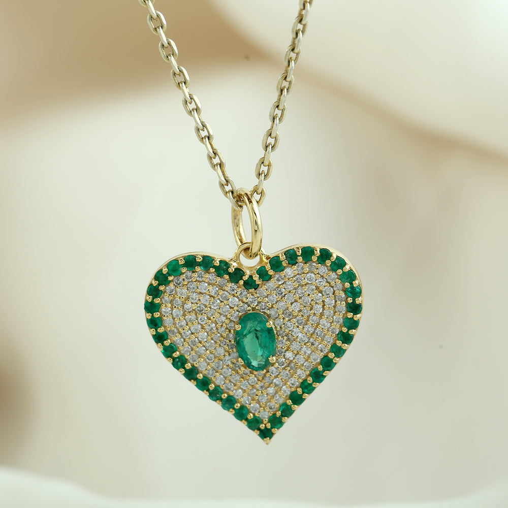 Natural Oval Cut Emerald Micro Pave Diamond Heart Pendant 14K Yellow Gold For Valentine Gifts