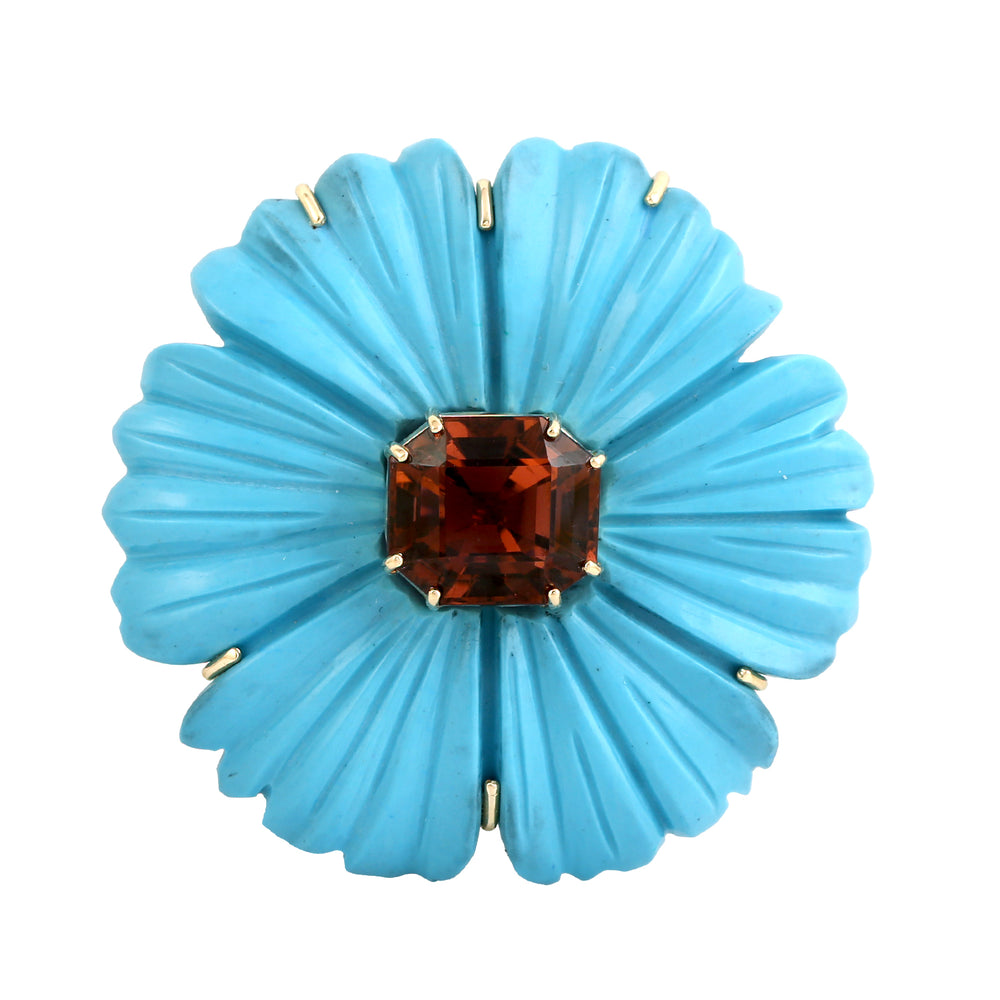 Octagon Tourmaline Carved Turquoise 18K Yellow Gold Flower Pendant Jewelry