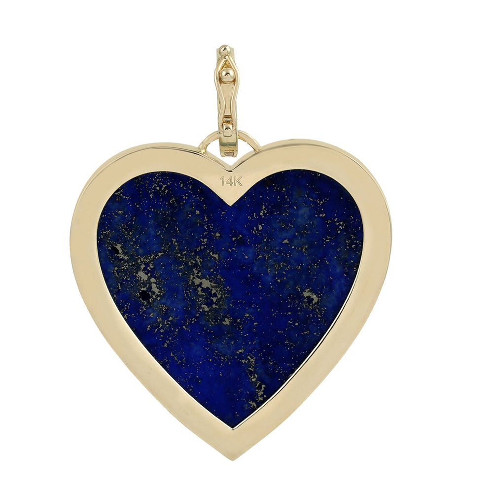 14K Yellow Gold Bezel Set Lapis Gemstone Pave Natural Diamond Heart Pendant For Her