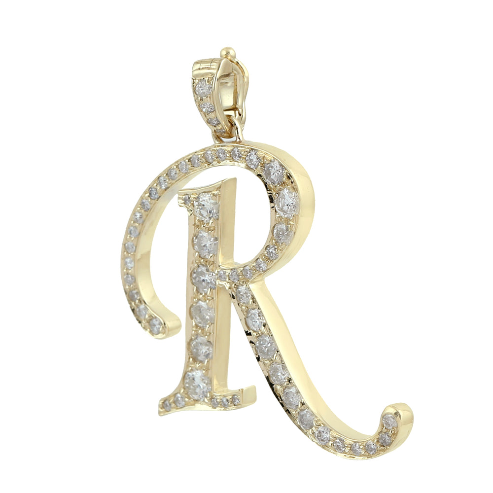 14K Yellow Gold Pave Natural Diamond "R" Initial Alphabet Pendant For Gifts