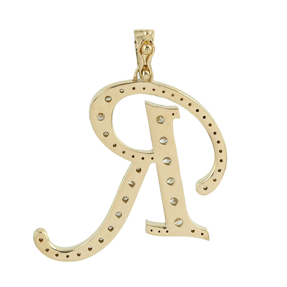 14K Yellow Gold Pave Natural Diamond "R" Initial Alphabet Pendant For Gifts