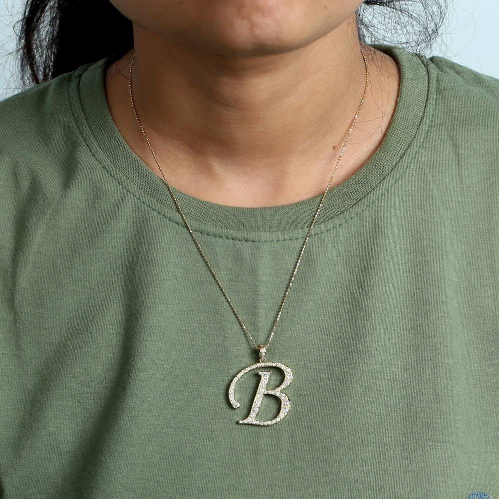 14K Yellow Gold Pave Natural Diamond "B" Initial Alphabet Pendant For Gifts