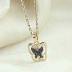 Yellow Gold Pave Blue Sapphire & Black White Diamond Butterfly Twisted Pendant