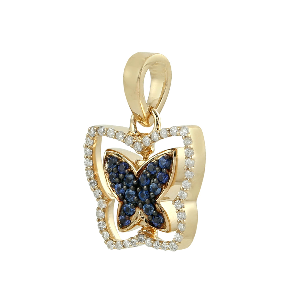 Yellow Gold Pave Blue Sapphire & Black White Diamond Butterfly Twisted Pendant